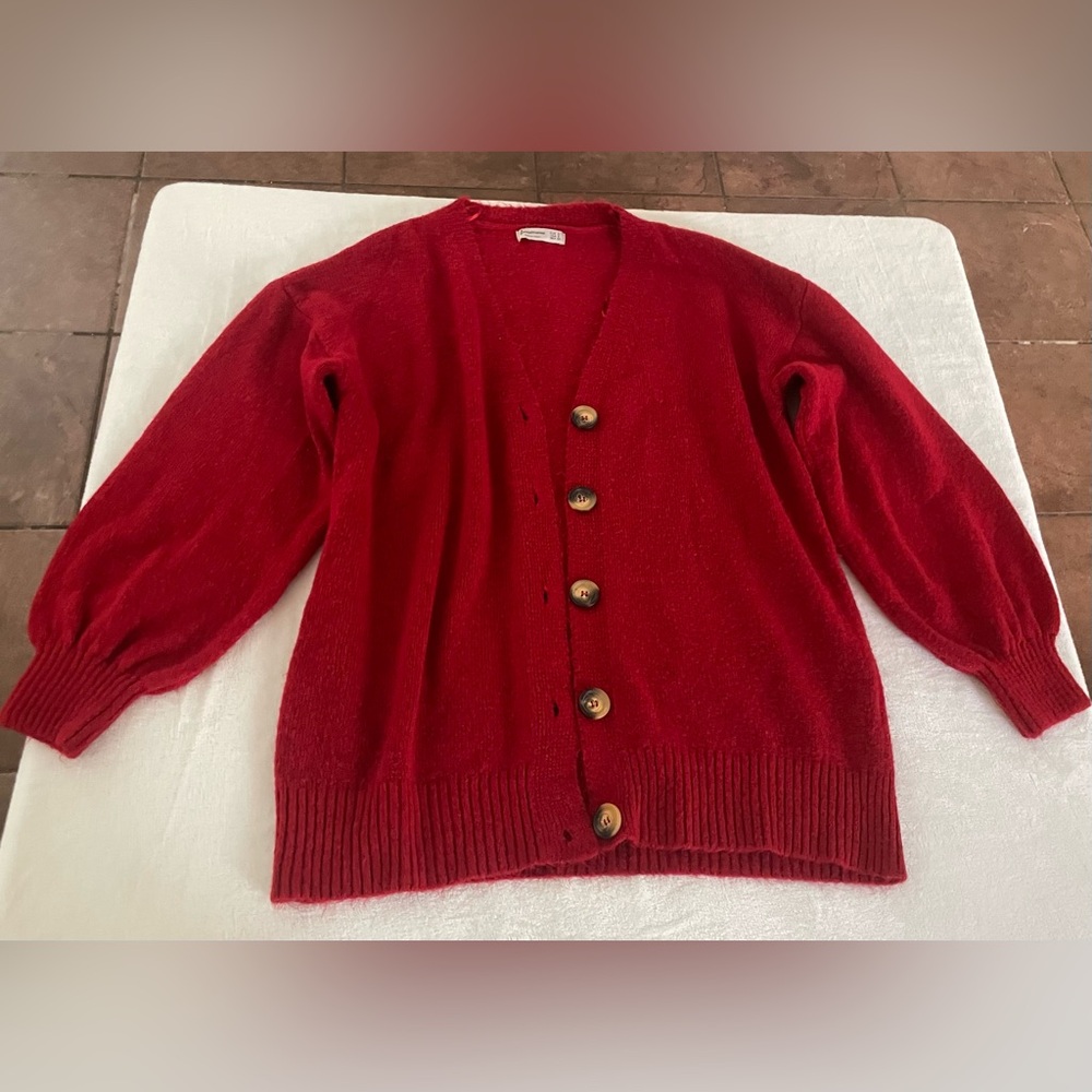 Stradivarius Red Cardigan Sweater with Balloon Sleeves